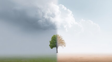 Tree standing alone in a split landscape, showcasing contrasting environments of lush greenery on one side and barren dry land on the other, symbolizing climate change and environmental impact