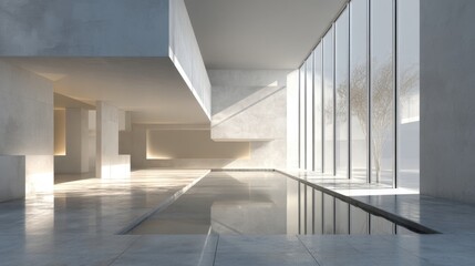 Obraz premium The setting shows a spacious interior with large windows allowing natural light to flood in. The clean lines and minimal design create an open feeling with reflections on the floor.