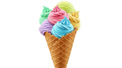 Colorful soft serve ice cream cone isolated on transparent background