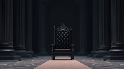 Majestic black throne with intricate detailing sits prominently in a grand, dimly lit hall, surrounded by towering columns, evoking a sense of power and regality in a timeless setting