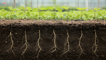 Fototapeta premium Growing plants with visible roots in soil cross-section