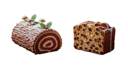 Yule log and Christmas cake slice isolated PNG transparent 
