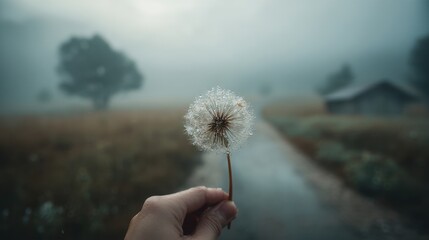 Fototapeta premium A hand holds a dandelion puff against a misty field. Trees are visible in the background along with a small house. The scene captures early morning light and fog.