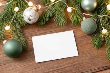 Fototapeta premium Mockup of an empty horizontal card on a wooden surface surrounded by festive decorations, including green and white ornaments, creating a warm holiday atmosphere with copy space