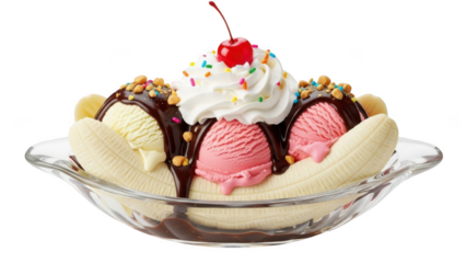 Classic banana split ice cream dessert with cherry isolated on transparent background