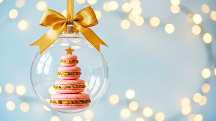 Christmas clear glass ornament with a Christmas tree made of pink sweet macarons with pistachios. Christmas concept