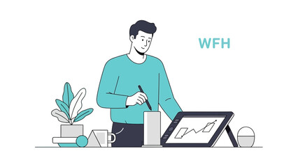 Illustration depicting a person working from home, using a tablet at their desk without commas