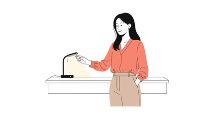 Illustration depicting a woman interacting with a desk lamp in a minimalist style
