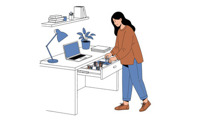 Illustration depicting a woman organizing at her desk with a laptop and supplies