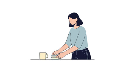 Illustration depicting a woman organizing books with a coffee cup on a table