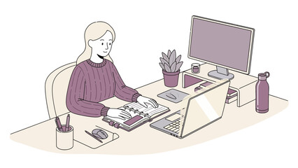 Illustration depicting a woman working at a desk with a computer and a notebook