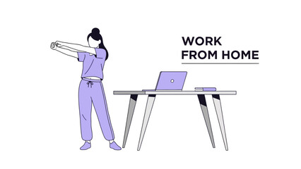 Illustration depicting work from home lifestyle with a woman stretching next to a desk