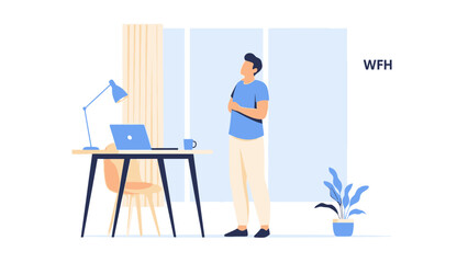 Illustration depicting work from home with a person, laptop, desk, and a relaxed atmosphere