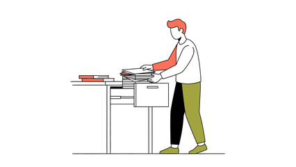 Illustration of a Man Arranging Documents on a Desk, Office Activity