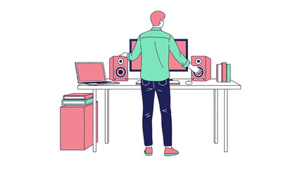 Illustration of a Man Arranging Speakers at His Desk, Back View, Minimalist Design