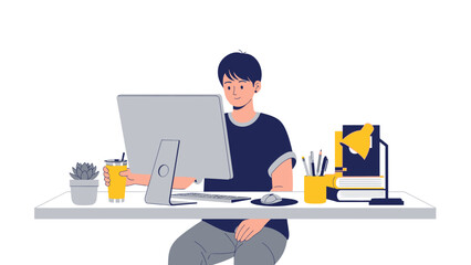 Illustration of a Man working on a computer at his desk with a coffee and a lamp