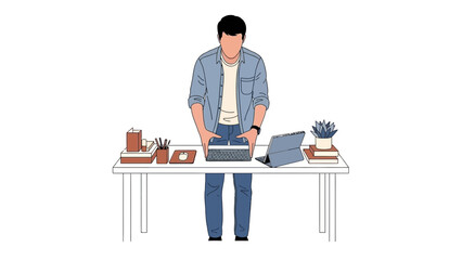 Illustration of a man working on a desk with a tablet and other office supplies