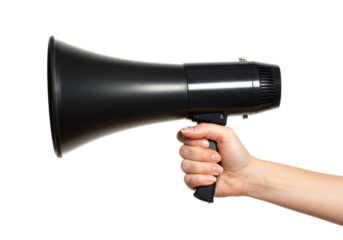 Black megaphone held by a person's hand, poised to amplify a voice and deliver a powerful announcement or urgent message to an audience.