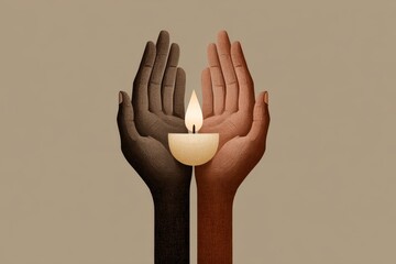 Symbolic hands of different skin tones in prayer with candle flame, evoking unity, spirituality, and hope in a modern, inclusive context
