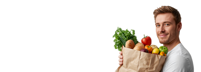 Positive young man with paper shopping bag with vegetables, fruits and bread isolated on transparent background