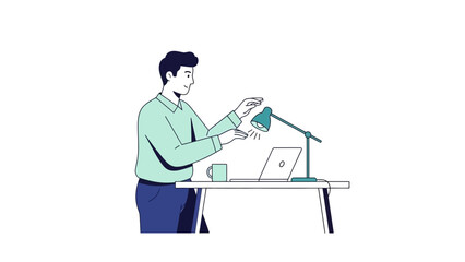 Illustration of a man working on a laptop at a desk with a lamp on, clean design