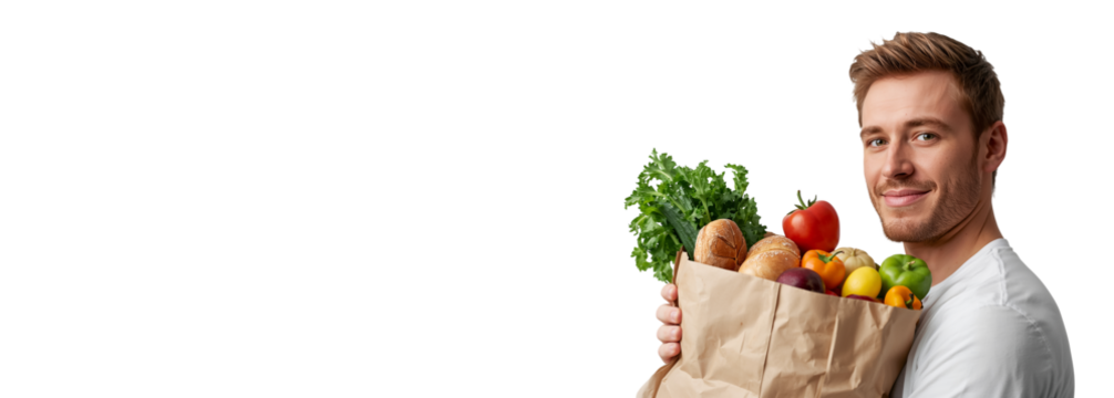 Positive young man with paper shopping bag with vegetables, fruits and bread isolated on transparent background - Powered by Adobe