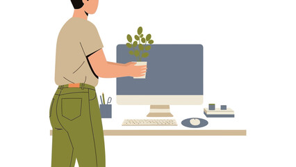 Illustration of a Person Adding Small Plants to a Computer Workspace at Home or Office