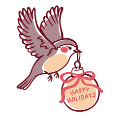 Festive illustration of a flying bird carrying a Christmas ornament decorated with a bow and “Happy Holidays” text. Cute seasonal design perfect for winter cards and holiday decorations