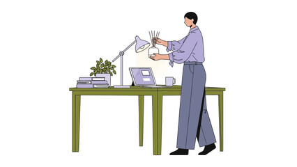 Illustration of a person arranging a desk with a lamp, laptop, plants, and aroma diffuser