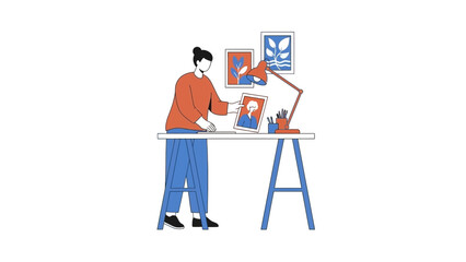 Illustration of a person arranging art on a desk with a lamp and some pictures