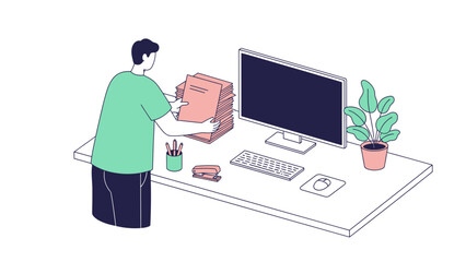 Illustration of a person arranging documents at a modern office desk setting, flat design