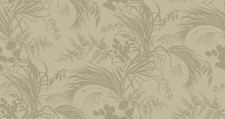 Obraz premium A seamless botanical beige pattern with plant silhouettes in vector for textiles and wallpaper design. Vector illustration