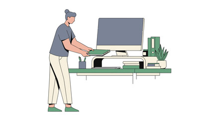 Illustration of a person arranging documents on a desk with a computer and plant