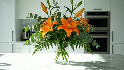 Orange Lilies Blooming in Glass Vase on Kitchen Countertop, Close Up