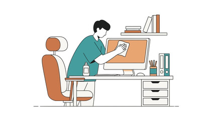 Illustration of a person cleaning a computer monitor at a workspace desk