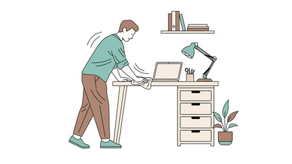 Illustration of a person cleaning a desk with a laptop and a houseplant present