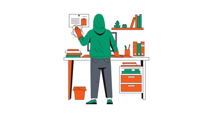 Illustration of a person cleaning an office desk with cleaning supplies