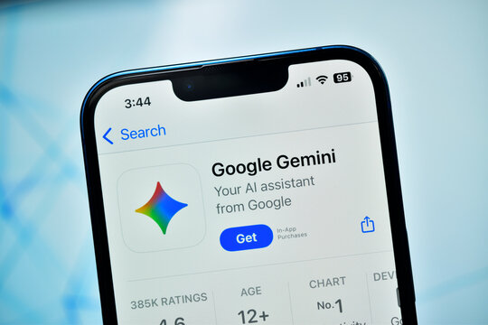 Closeup of google gemini ai assistant app store page on smartphone screen