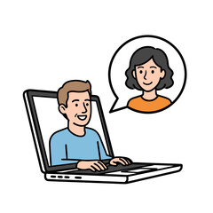 A man is typing on a laptop with a woman's face appearing in a speech bubble above him.