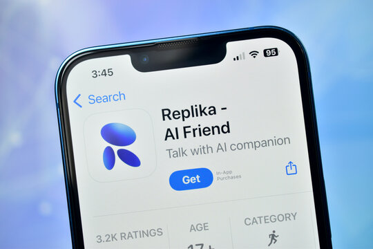 Closeup of iphone screen showing the replika ai friend app download page in the app store