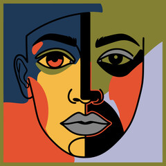 Abstract cubist portrait of a person's face with bold, contrasting colors and geometric shapes, depicting a modern art style.