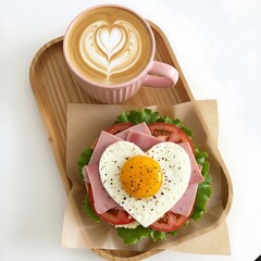 A wooden tray with a heart shaped egg on a sandwich and a latte in a pink mug