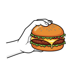 A cartoon illustration of a hand holding a delicious double cheeseburger with sesame seed bun, lettuce, and melted cheese.