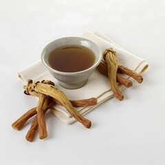 Ginseng roots and tea cup on a white cloth against a plain white background scene