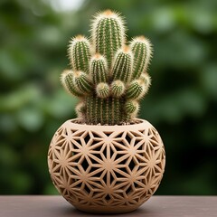 A close up of a cactus in a decorative pot on a wooden surface with green background