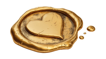 Golden wax seal impression with a shiny heart symbol, representing love, romance, quality, premium membership, warranty, and special delivery on a transparent background