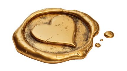 Golden wax seal impression with a shiny heart symbol, representing love, romance, quality, premium membership, warranty, and special delivery on a transparent background