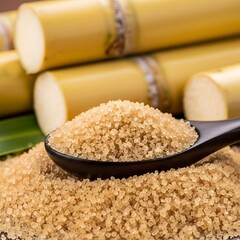 Close up of brown sugar crystals on a spoon with sugar cane in the background