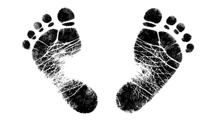 Distorted paired human footprints in shattered black ink with rough, grunge texture on transparent background, evoking fragility, loss, journey, memory, and vanishing identity