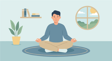 A man meditating in a peaceful room with a plant, books, and a window showing a sunny landscape.